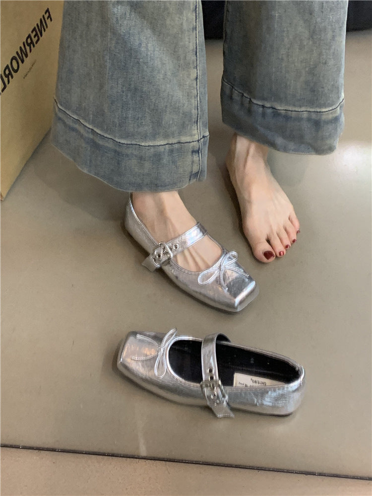 Flat Bow Ballet Silver Belt Buckle Shoes
