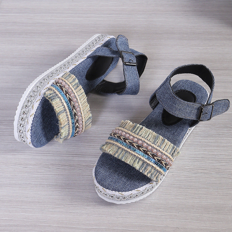 Tassel Denim Flat Ethnic Sandals