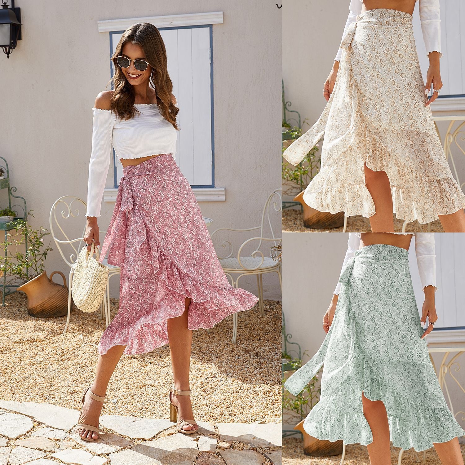 Wickelrock aus Chiffon mit Blumenmuster und hoher Taille