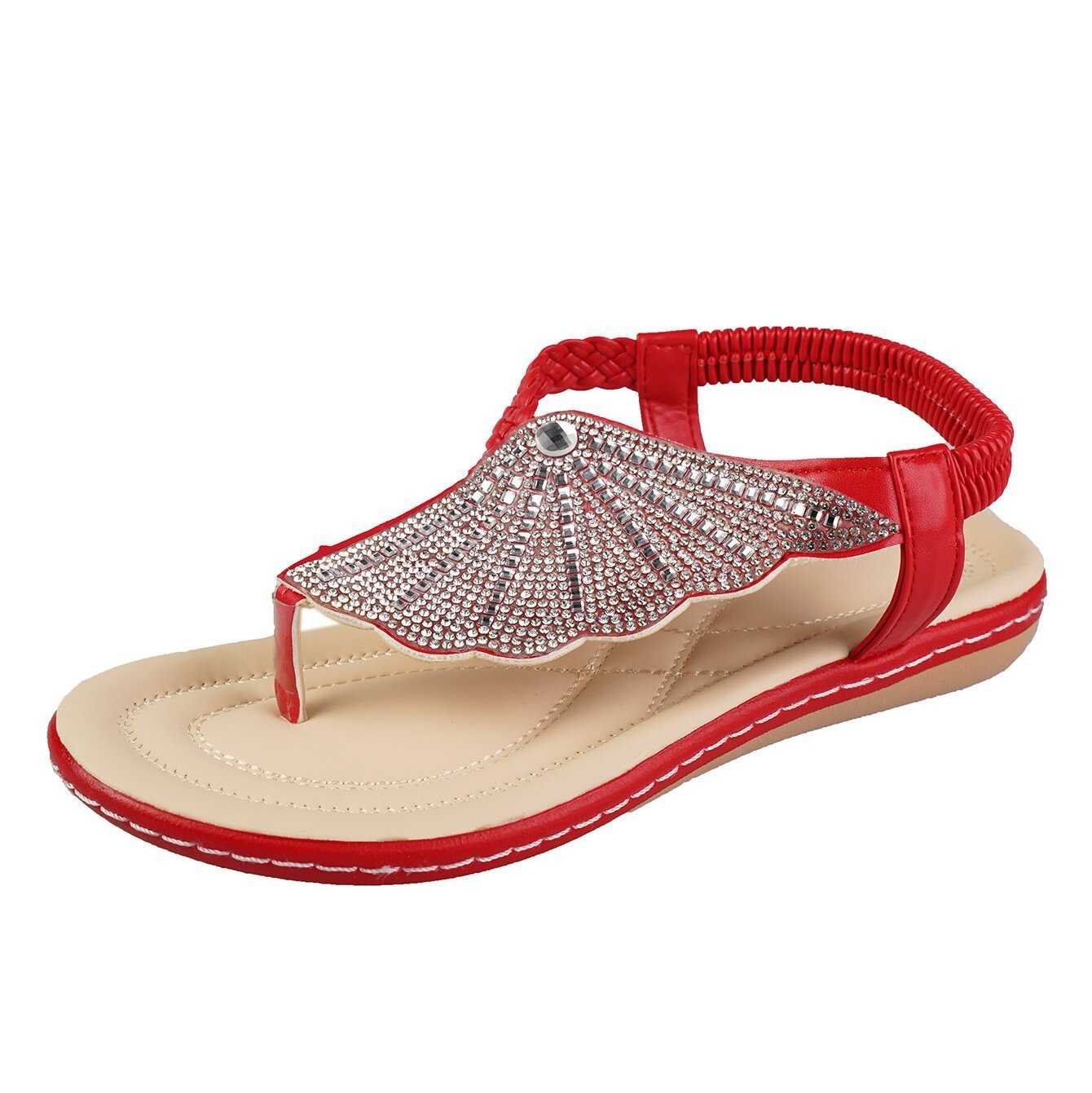 Rhinestone Shell Low Heel Flip-Flops