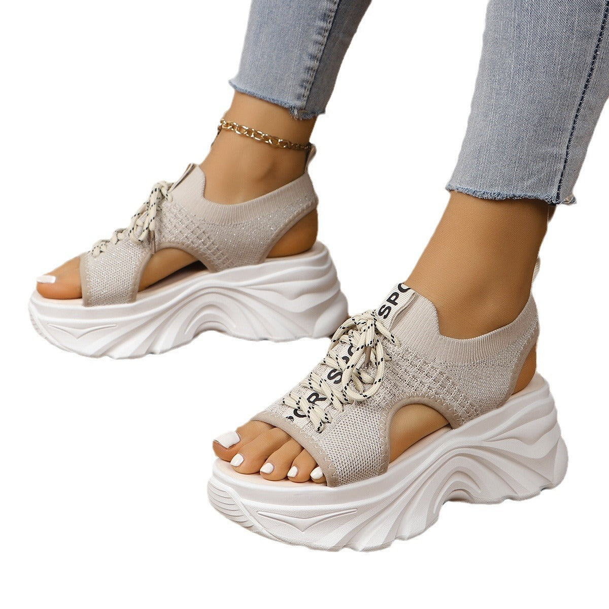 Hollow Mesh Mid Heel Sport Sandals