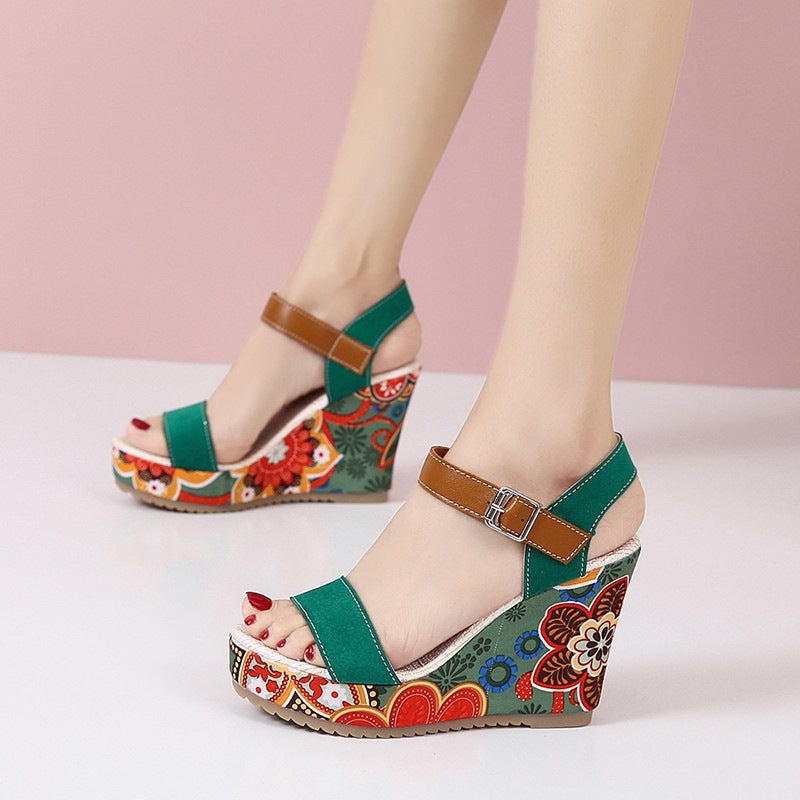 Embroidered Floral Wedge Sandals Women