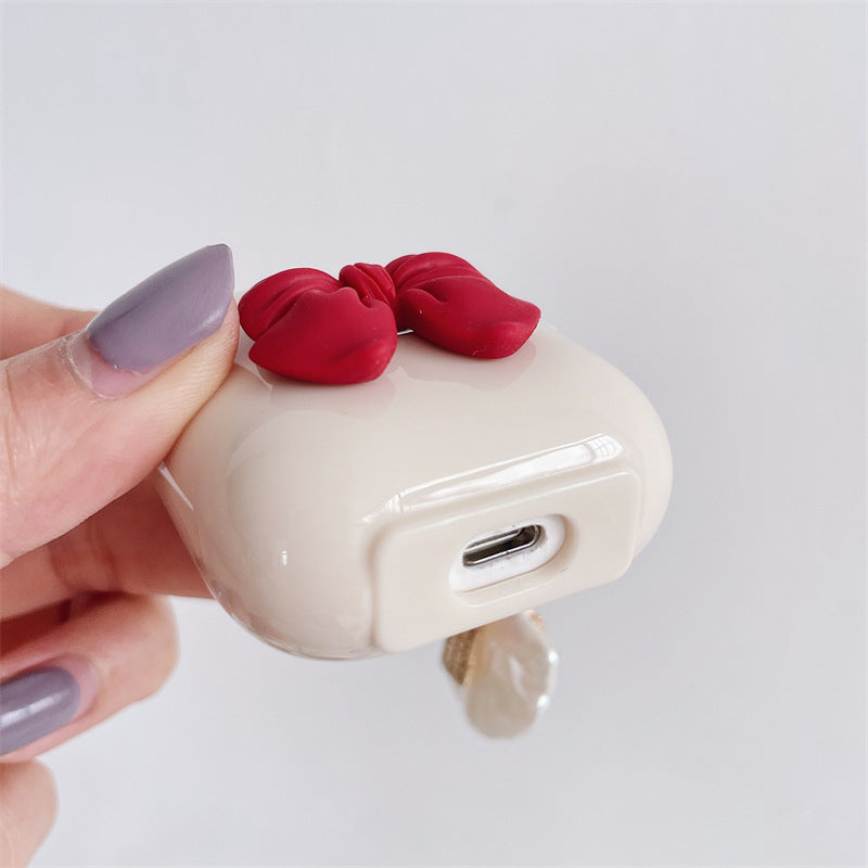Beige Red Bow Wireless Earphone Case