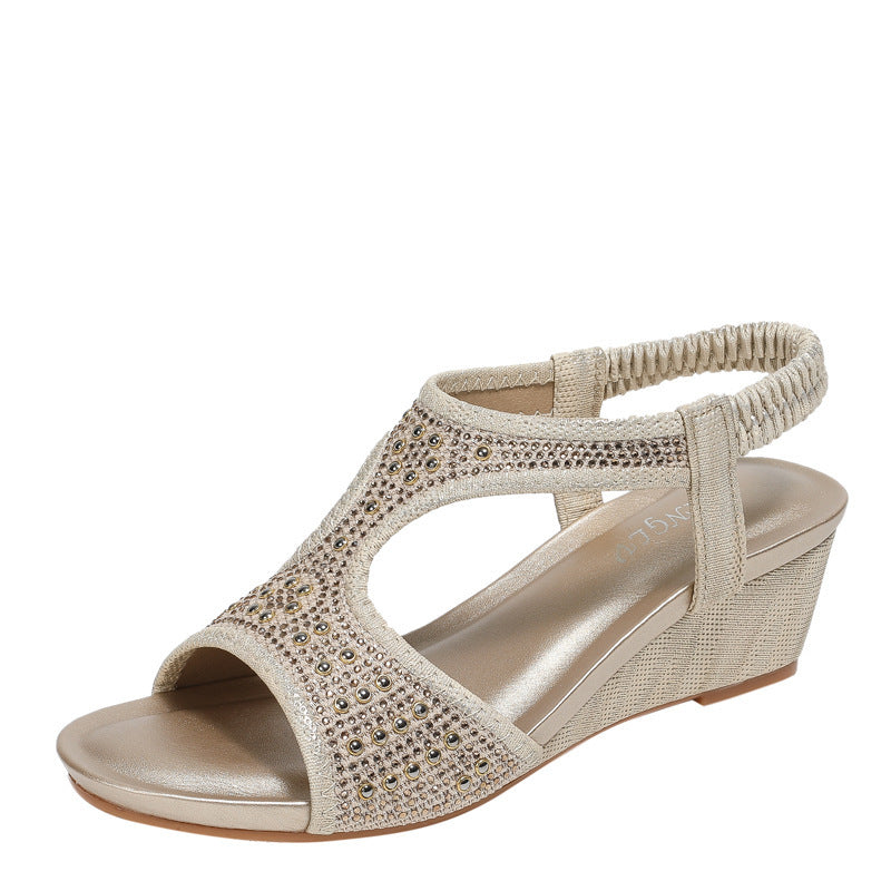 Rhinestone Elastic Wedge Sandals