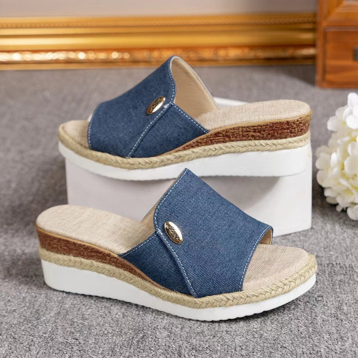 Denim Canvas Hanf Keil Sandalen Damen
