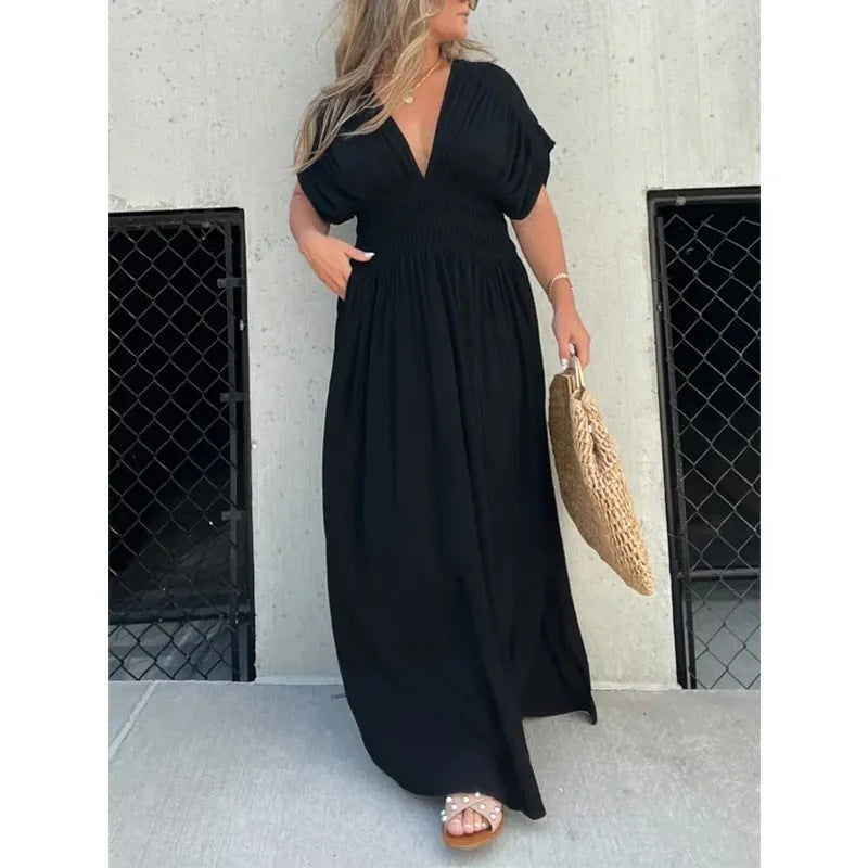 Sommer-Maxikleid mit Fledermausärmeln, V-Ausschnitt und Schlitz