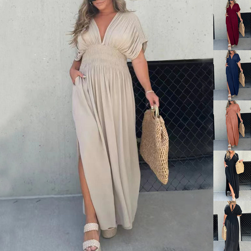 Sommer-Maxikleid mit Fledermausärmeln, V-Ausschnitt und Schlitz