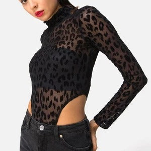 Schwarzer Netz-Body mit Leopardenmuster