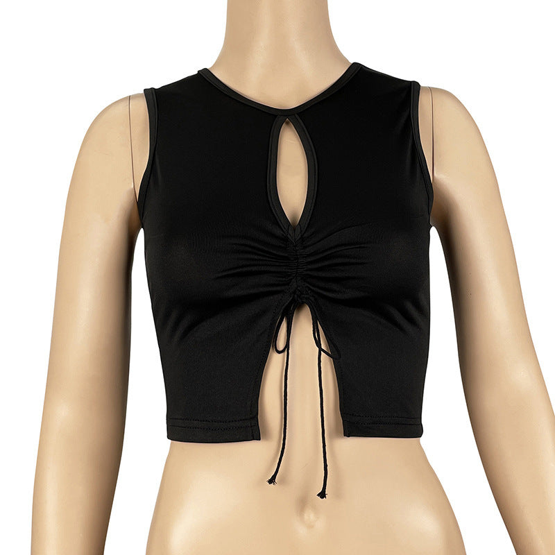 Split Neckline Drawstring Slimming Tight Top