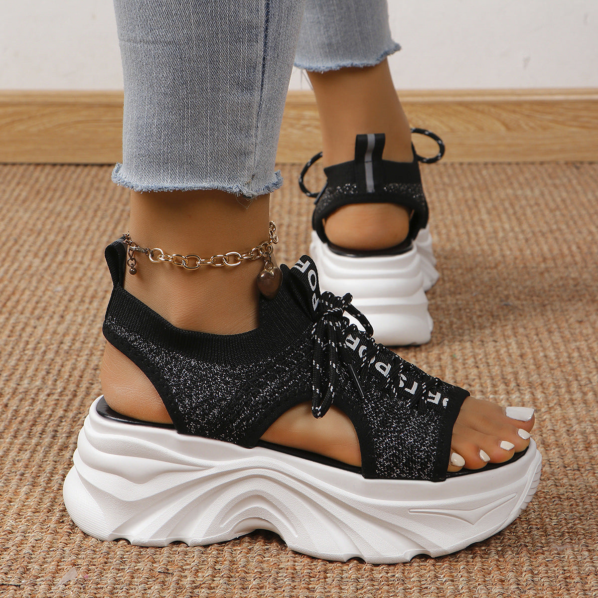 Hollow Mesh Mid Heel Sport Sandals