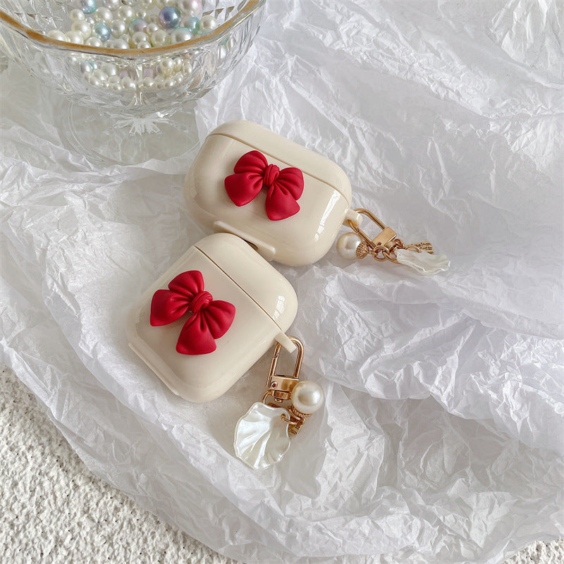 Beige Red Bow Wireless Earphone Case