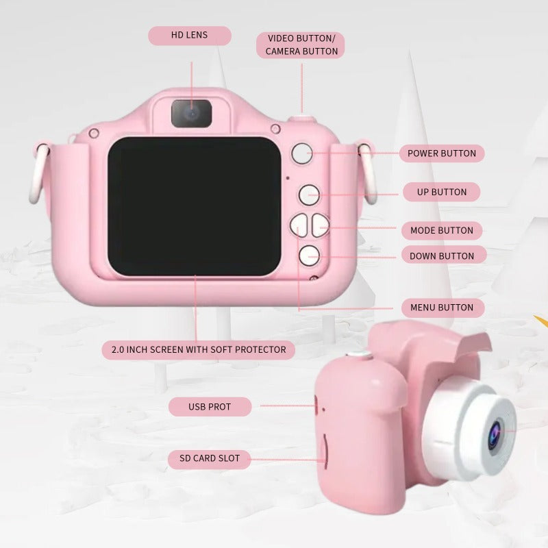 Pink Cat Kids Camera with Selfie Filters