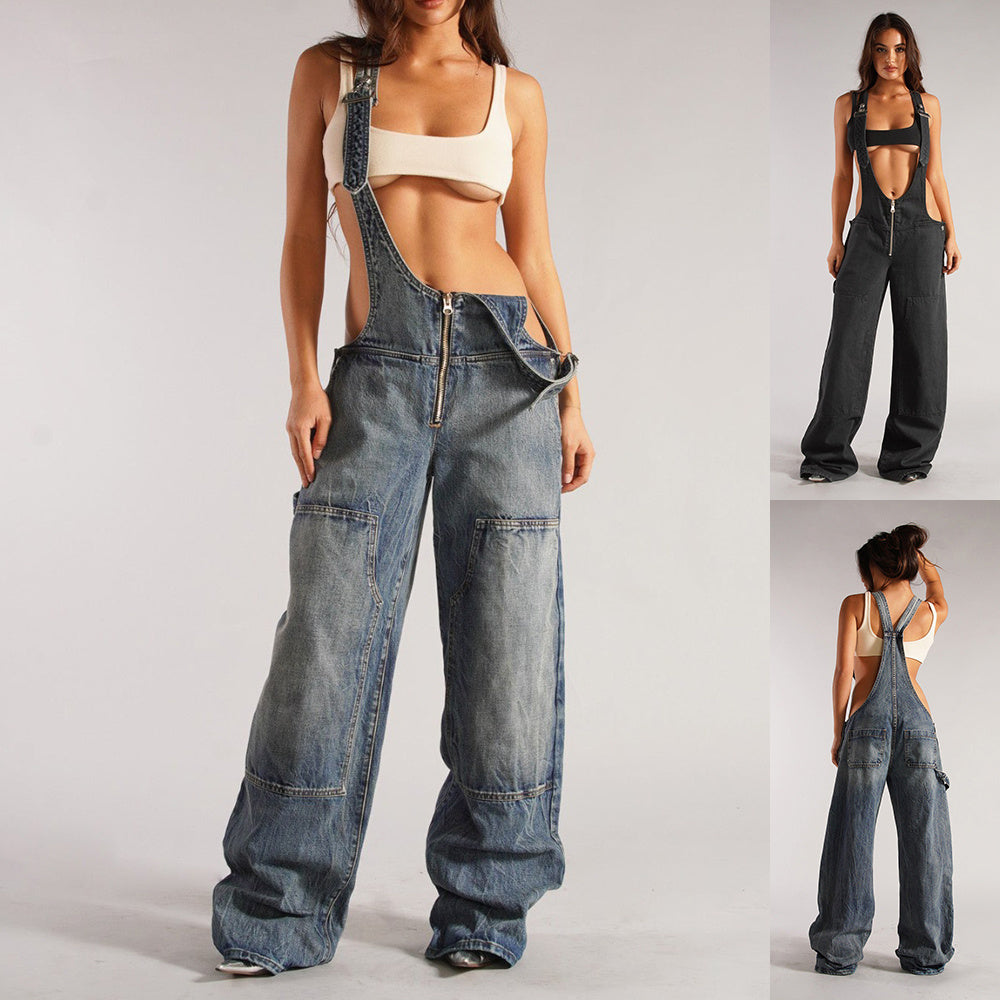Y2K-Jeans-Overall mit Reißverschluss und Taschen