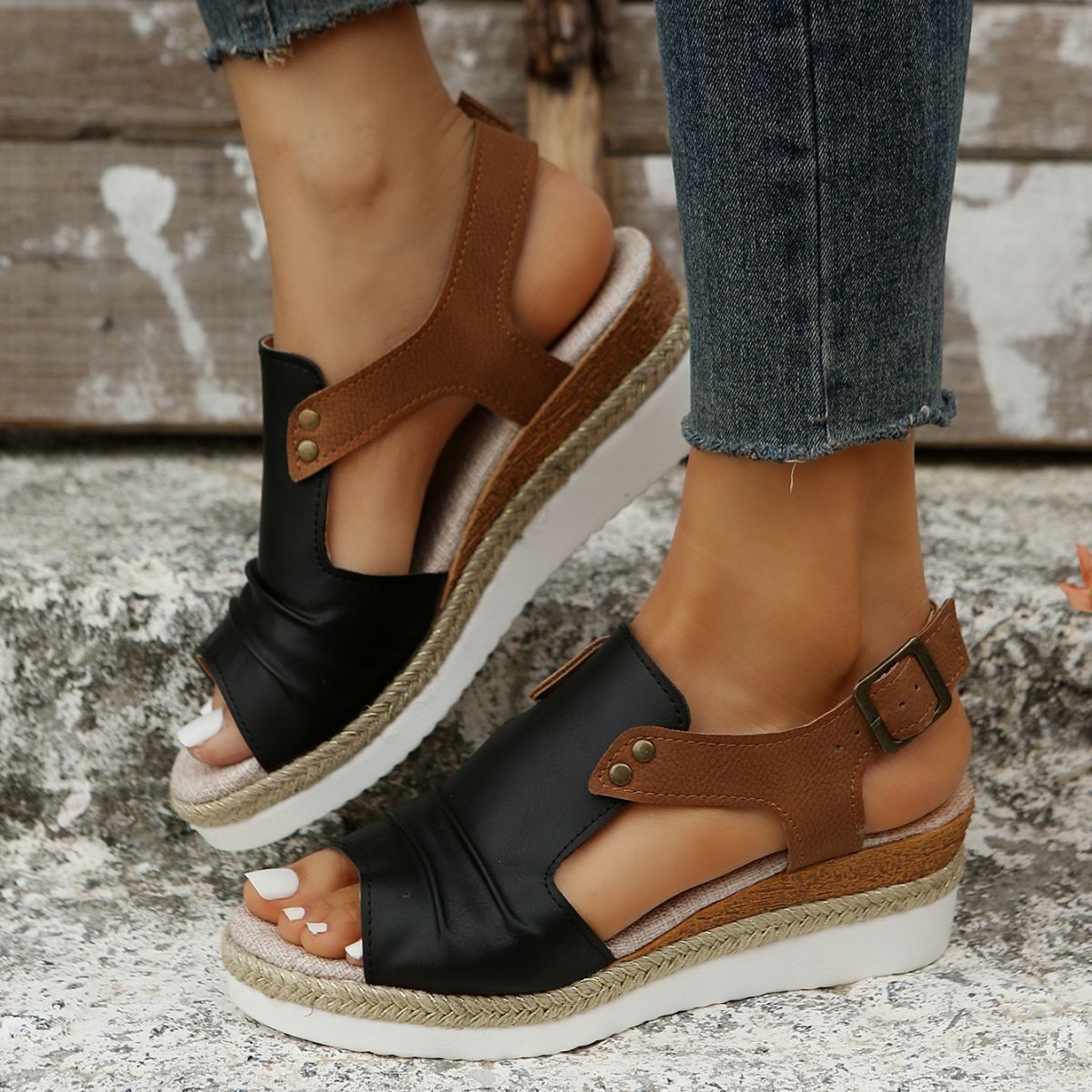 Straw Peep Toe Wedge Sandals for Women