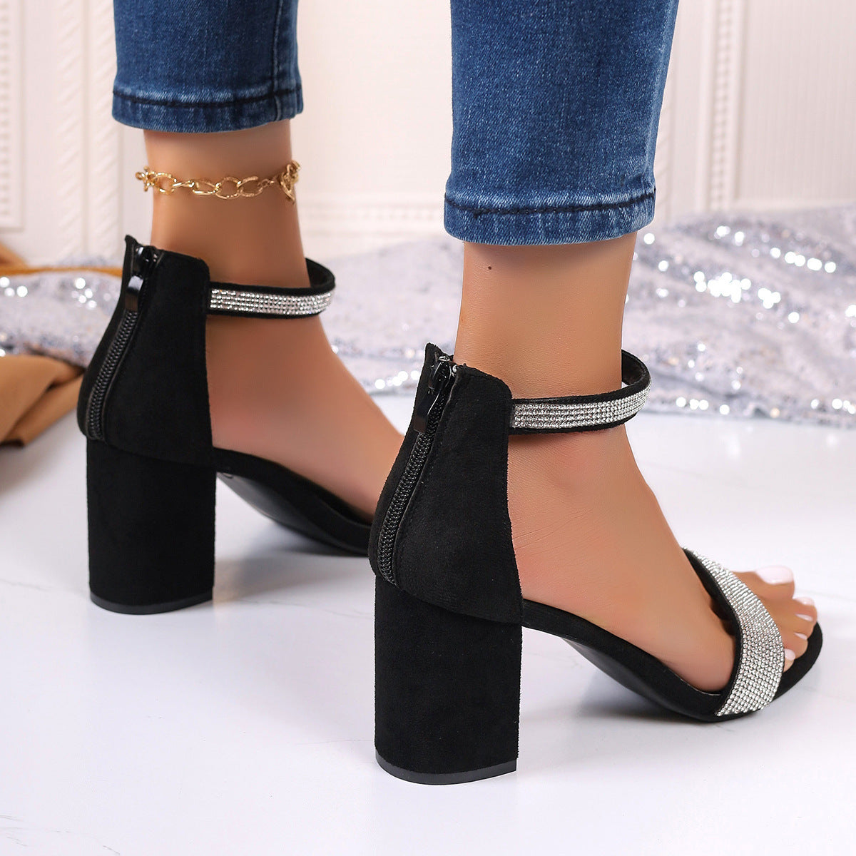 Rhinestone Strappy Chunky Heel Sandals