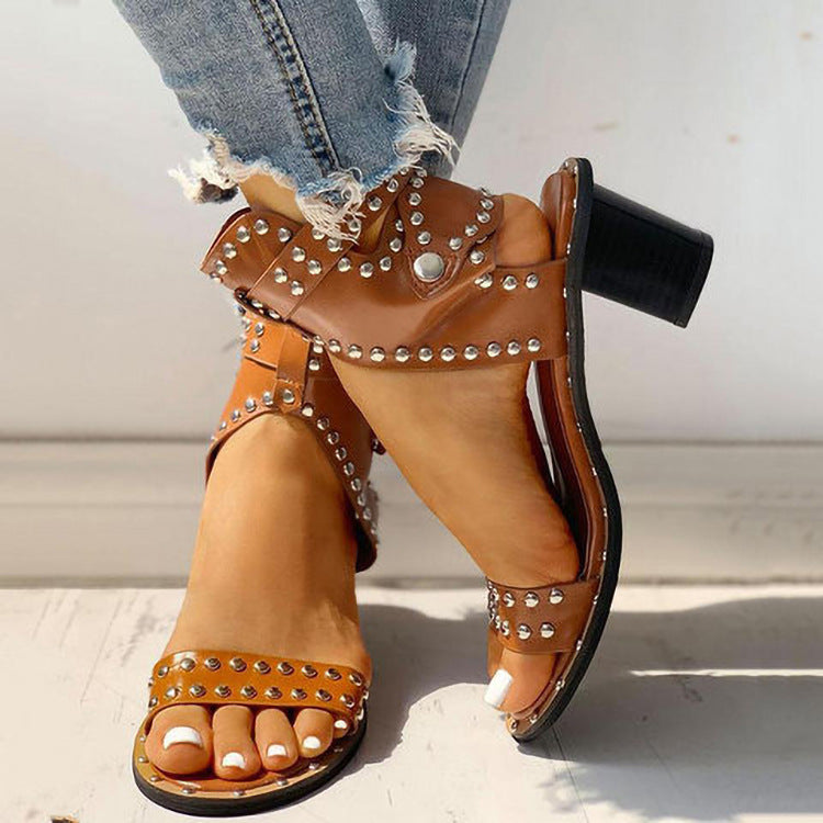 Rivet Buckle Chunky Heel Sandals Women