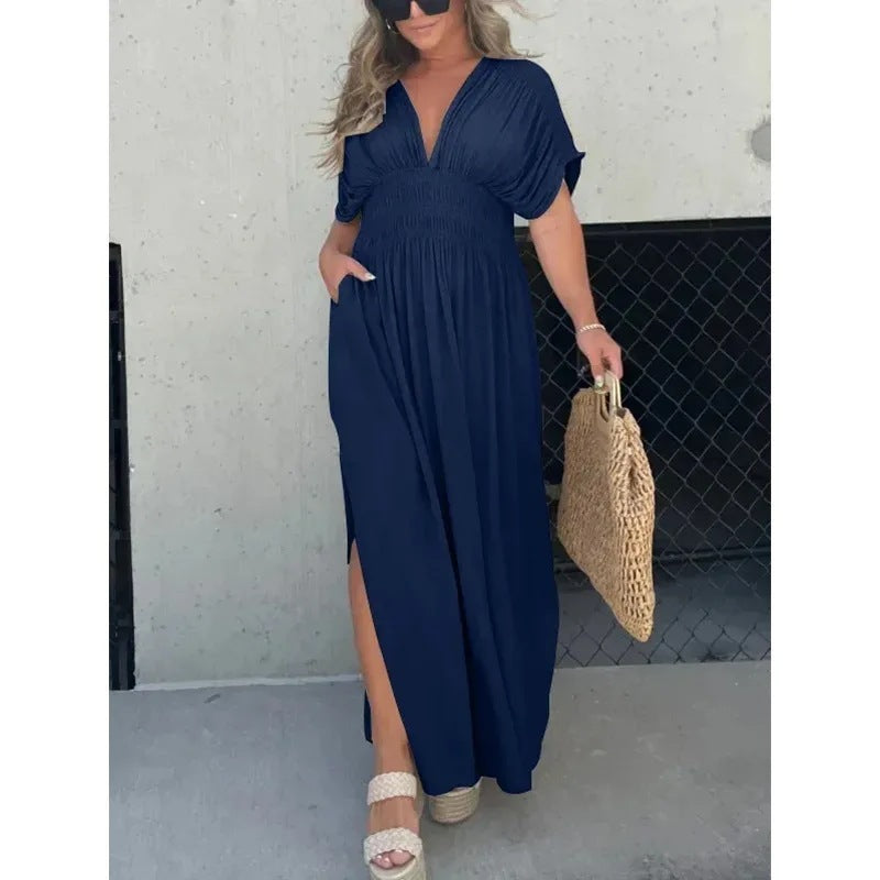 Sommer-Maxikleid mit Fledermausärmeln, V-Ausschnitt und Schlitz
