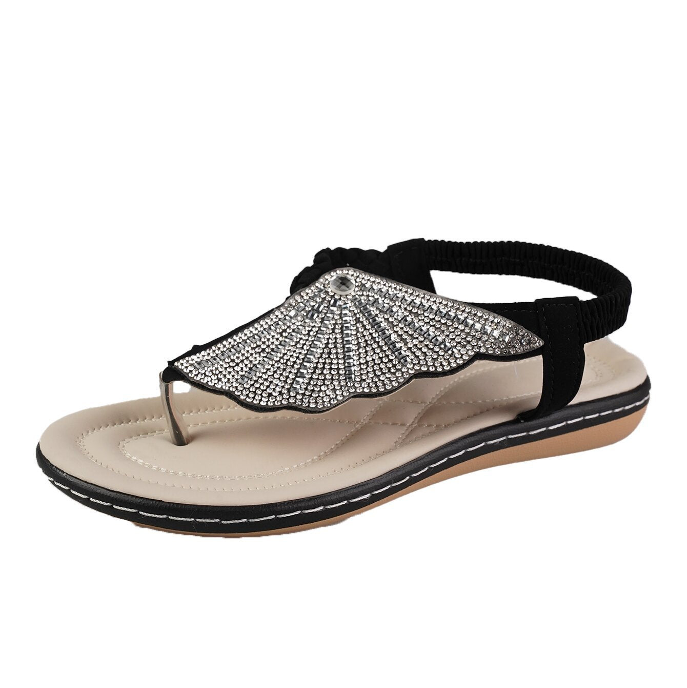Rhinestone Shell Low Heel Flip-Flops