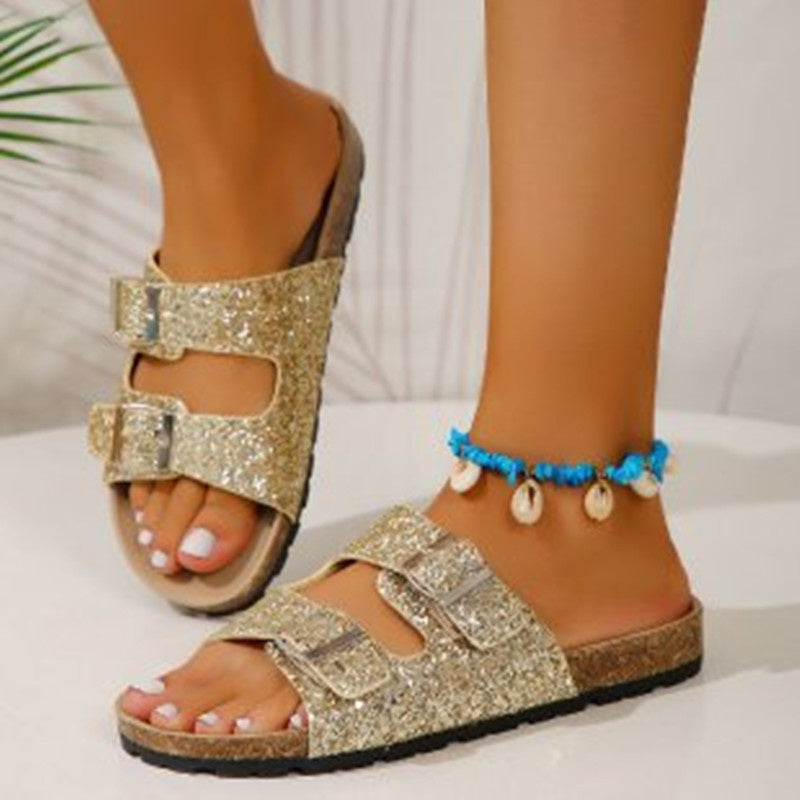 Sequined Double Buckle Summer Slides