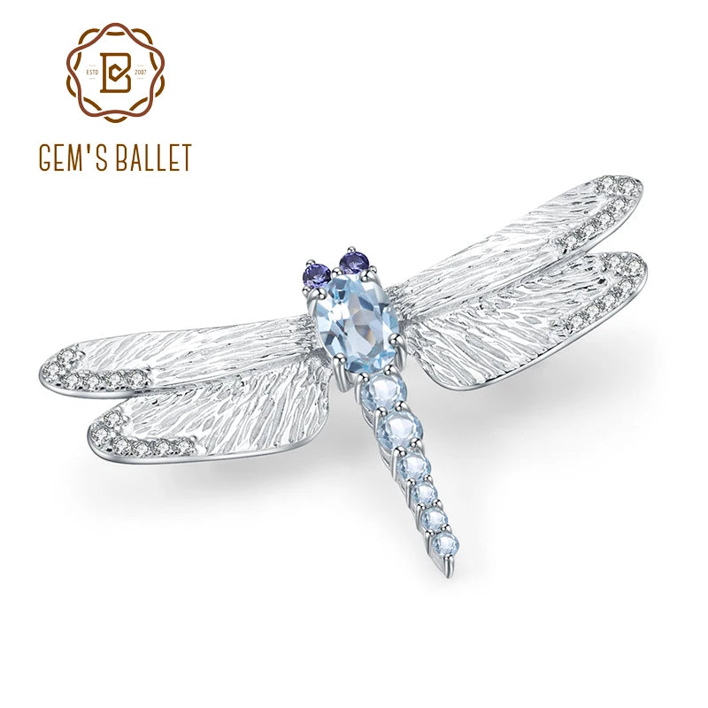 GEM'S BALLET Blue Topaz Dragonfly Brooch