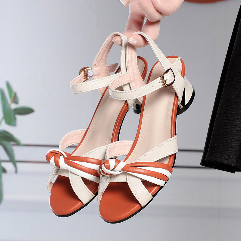 Hollow Out Cowhide Thick Heel Shoes