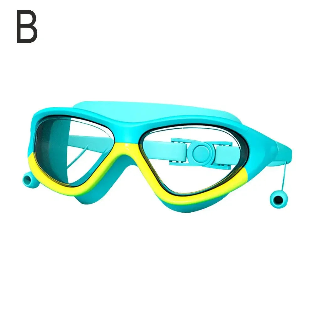 Schwimmbrille mit großem Rahmen für Kinder mit Ohrstöpseln