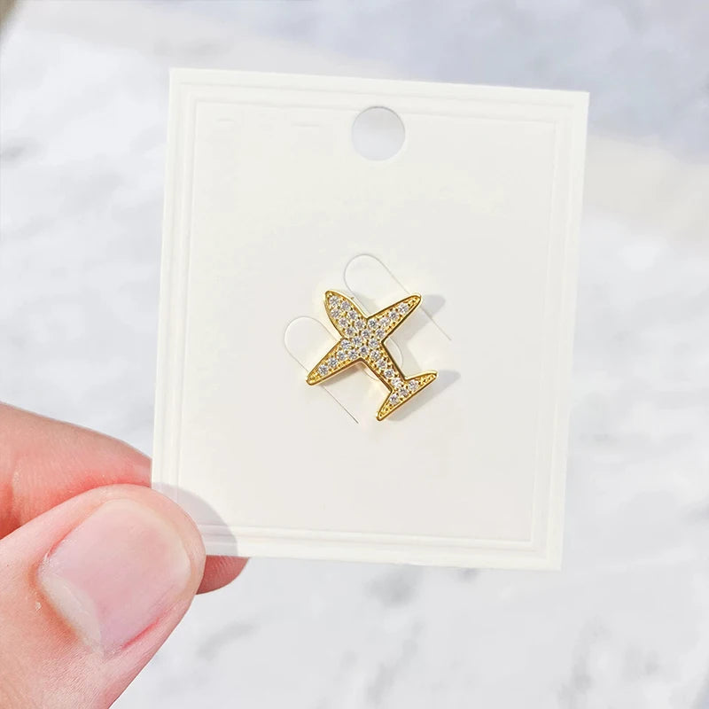 Golden Crystal Airplane Brooch Pin