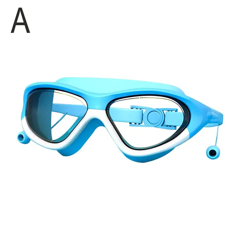 Schwimmbrille mit großem Rahmen für Kinder mit Ohrstöpseln