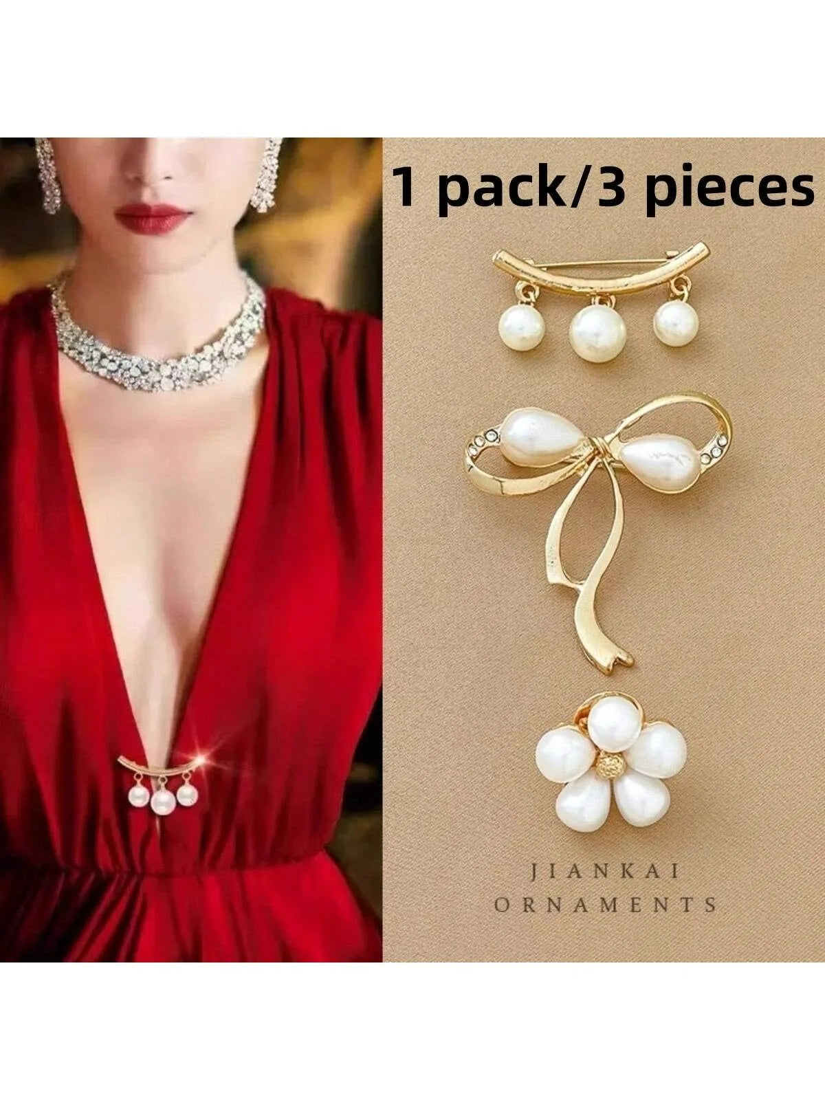 Pearl Brooch V-Neck Dress Pin Set