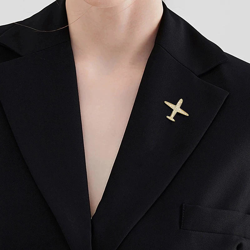 Golden Crystal Airplane Brooch Pin