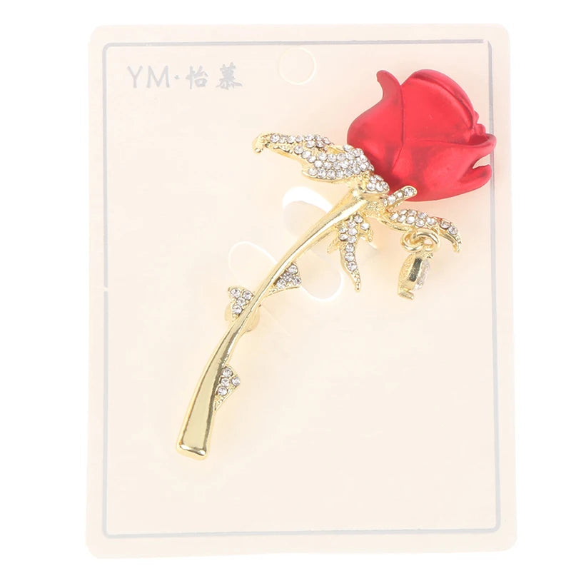 Rhinestone Red Rose Flower Brooch