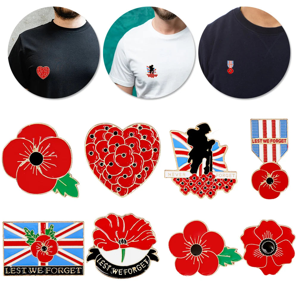 Red Poppy Rose Flower Lapel Pins