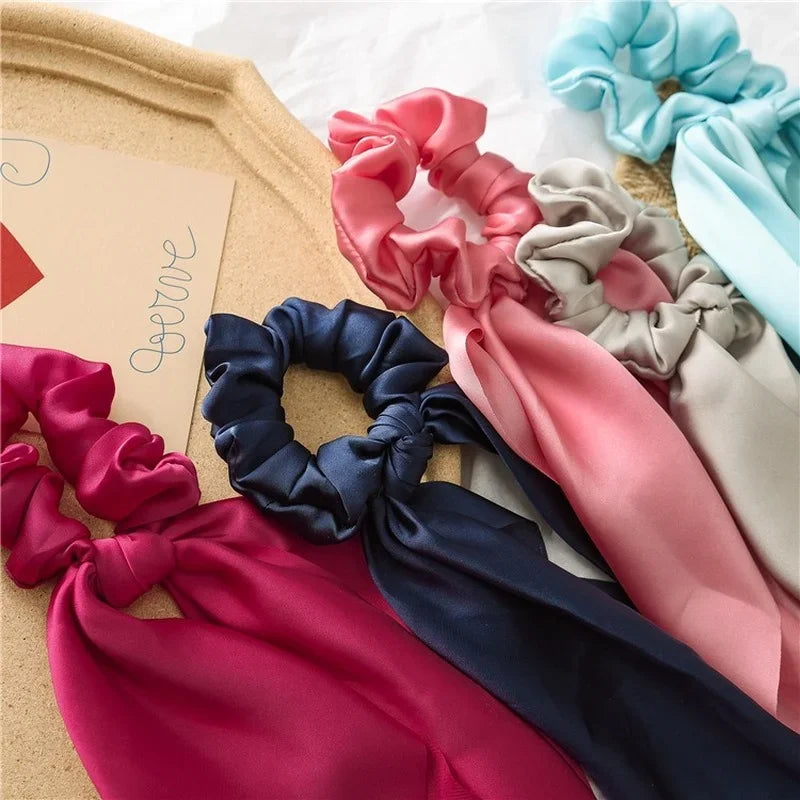 Sweet Long Ribbon Satin Bow Scrunchies
