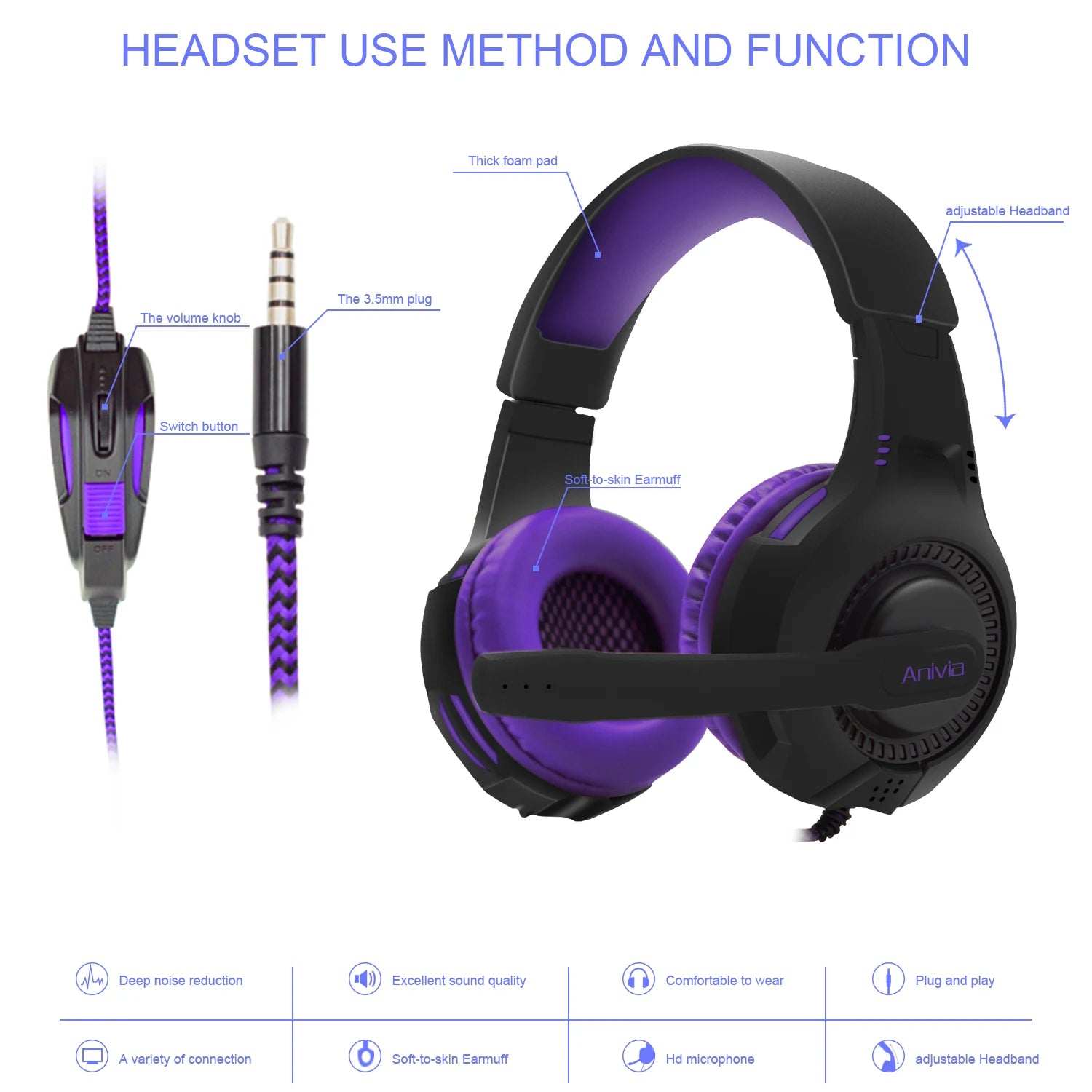Kabelgebundenes Gaming-Headset mit Mikrofon und Lautstärkeregelung