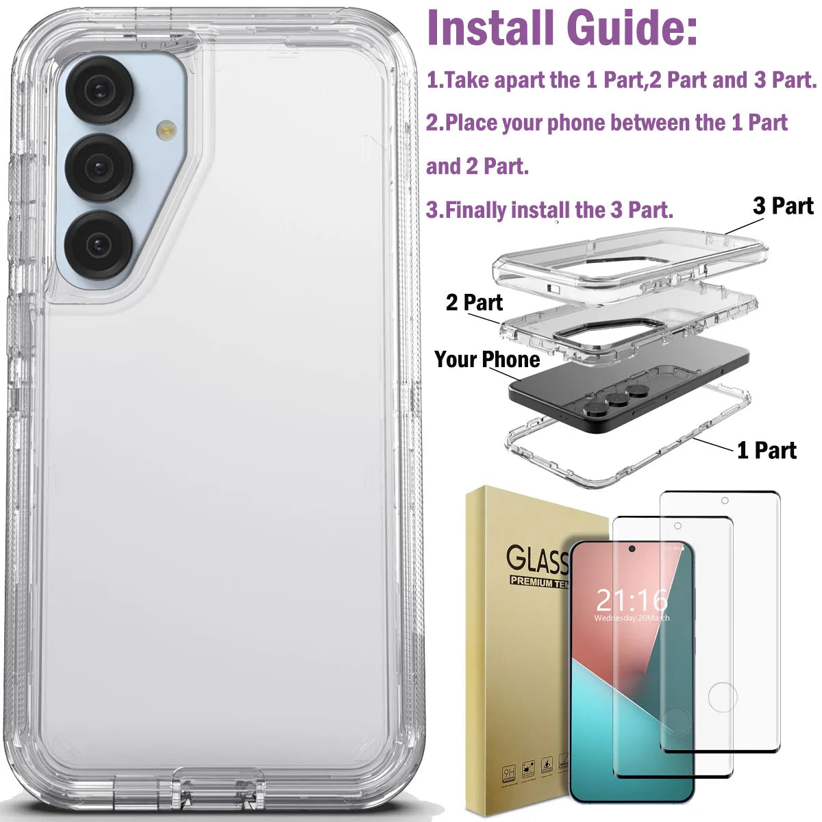 Galaxy S25 Clear Shockproof Case + Glass