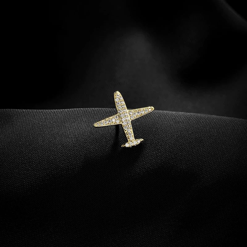 Golden Crystal Airplane Brooch Pin