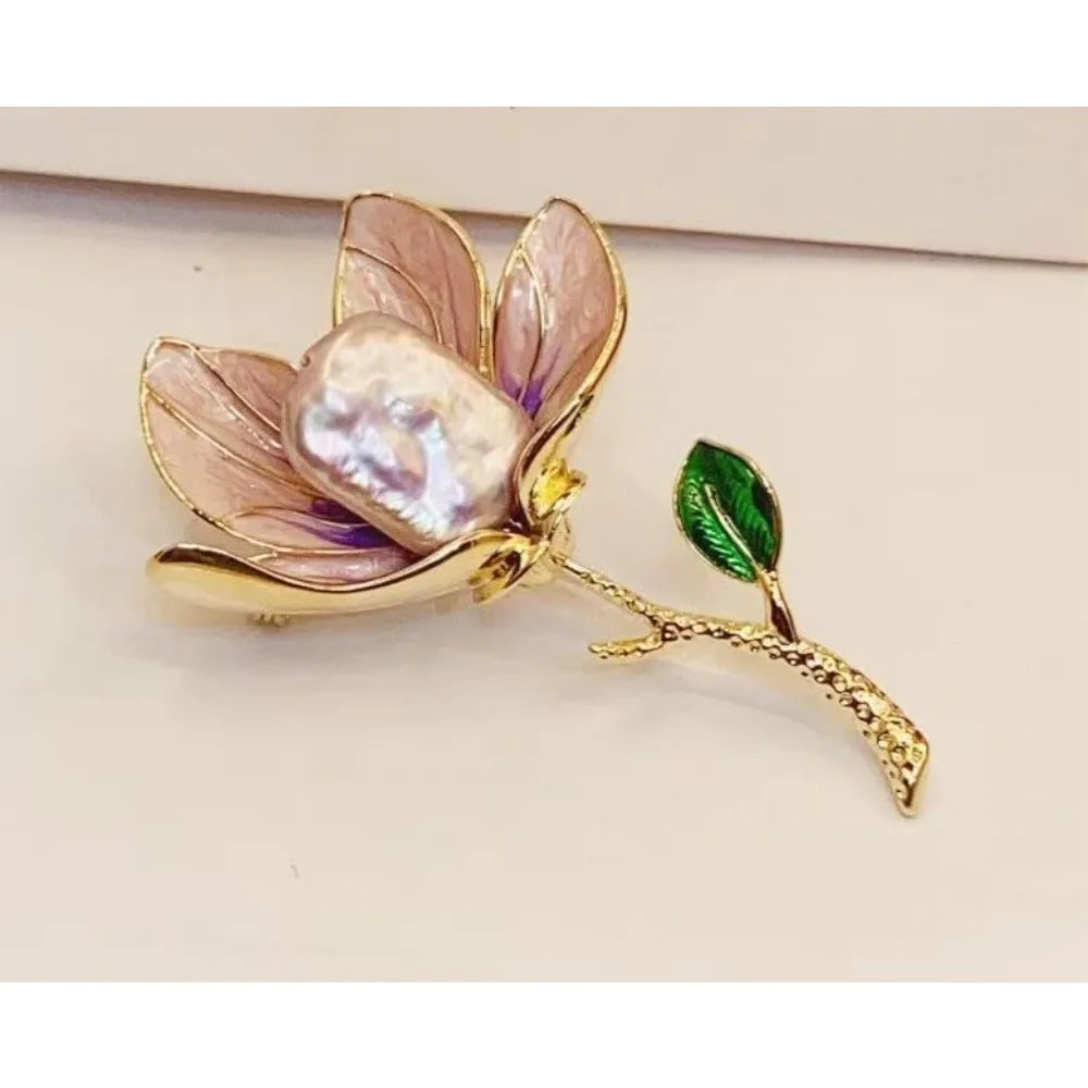 Handmade Gold Rose Brooch with Pearls