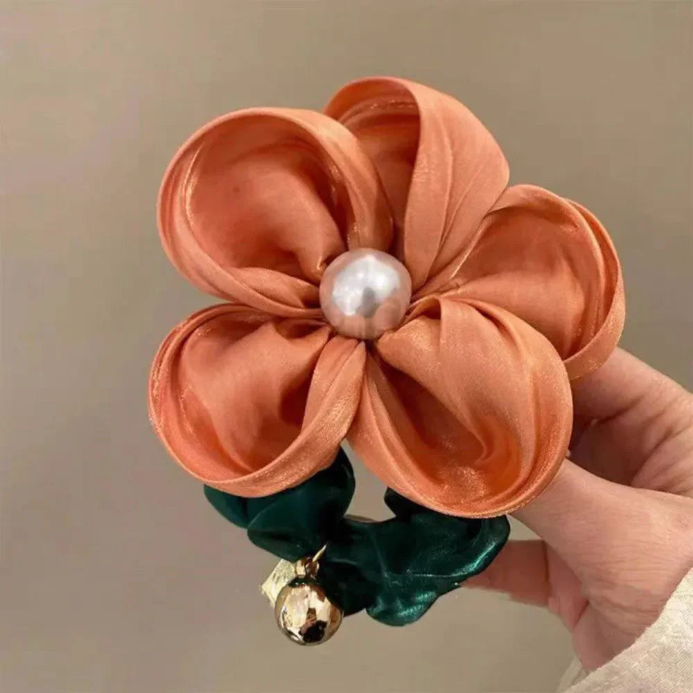 Elegant Pearl Rhinestone Flower Scrunchies