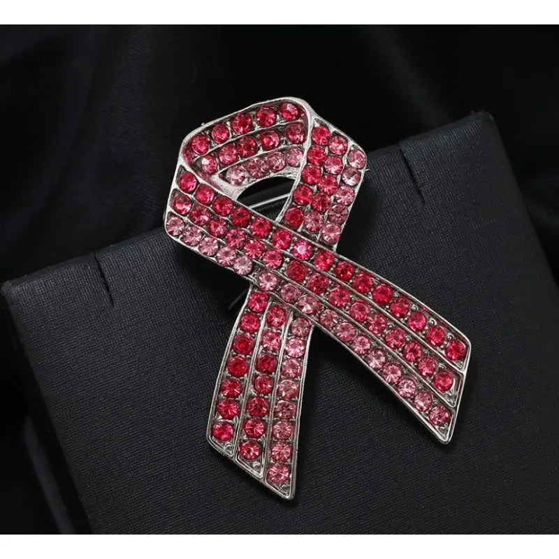 2pc Full Diamond Pink Ribbon Brooch
