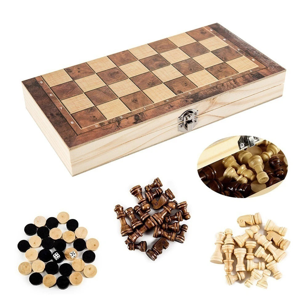 3-in-1 Wooden Chess & Checkers Set