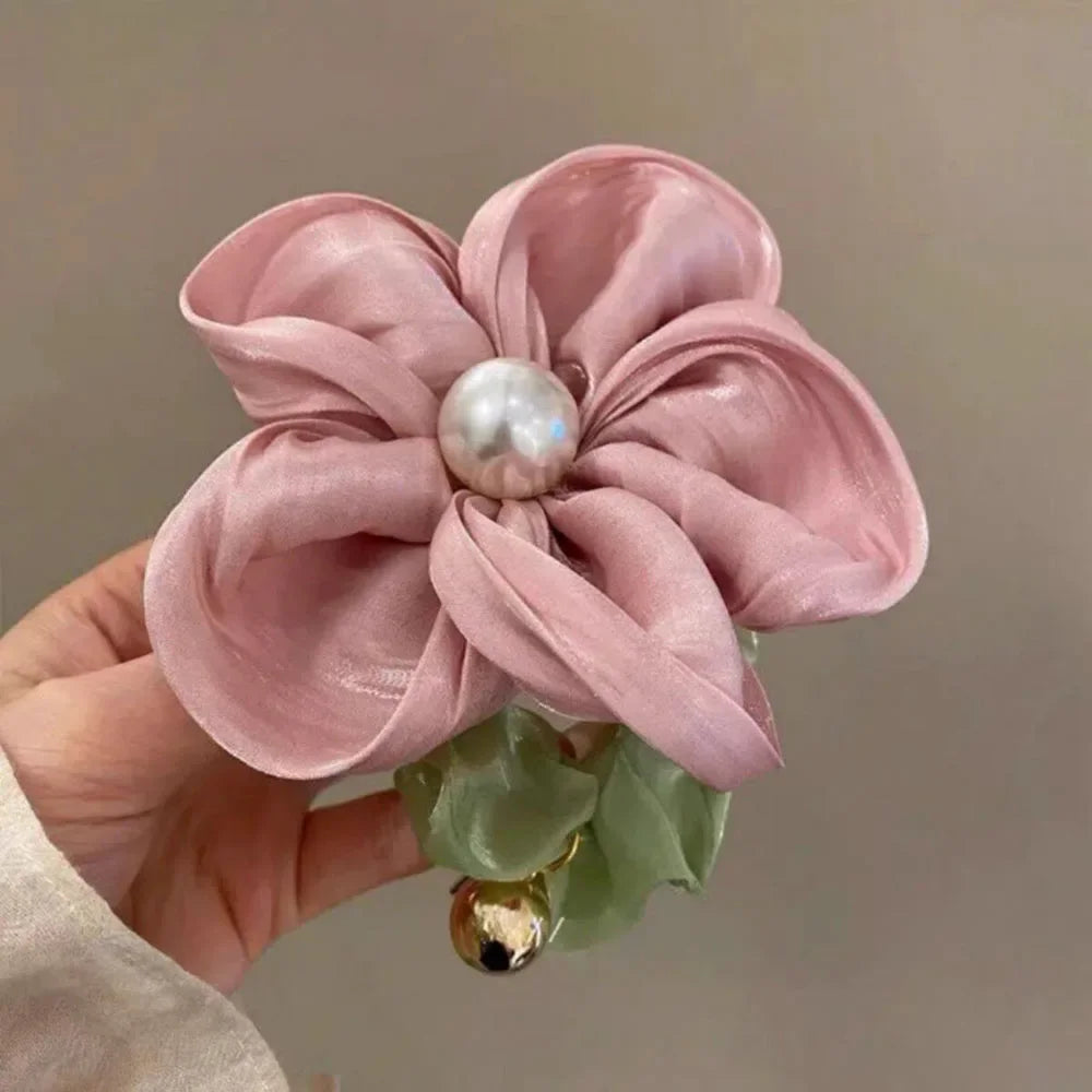 Elegant Pearl Rhinestone Flower Scrunchies