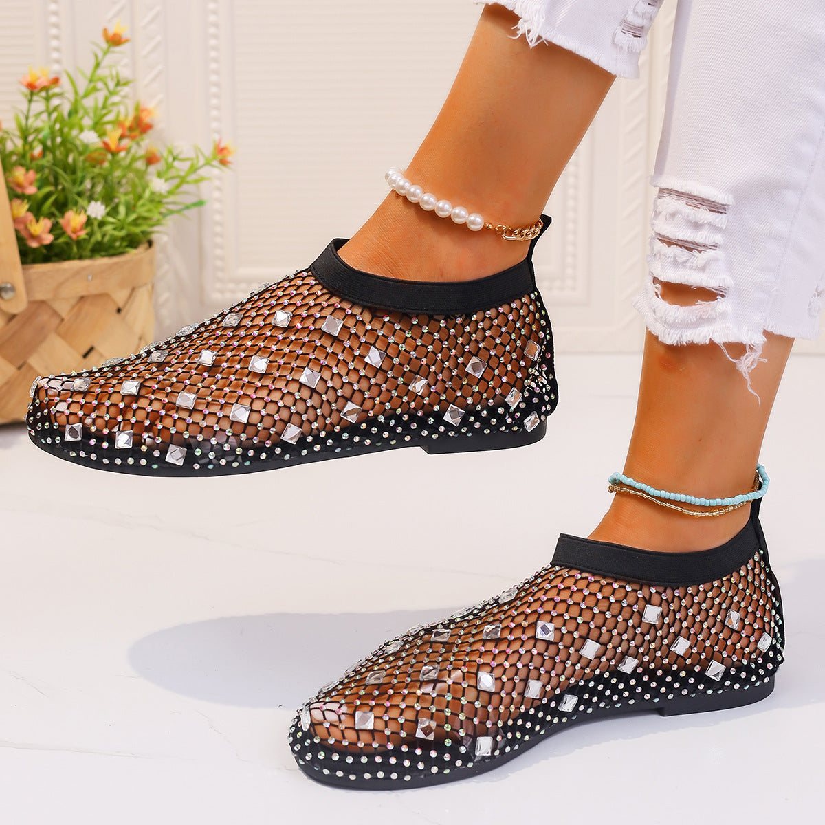 Colorful Rhinestone Mesh Flat Sandals