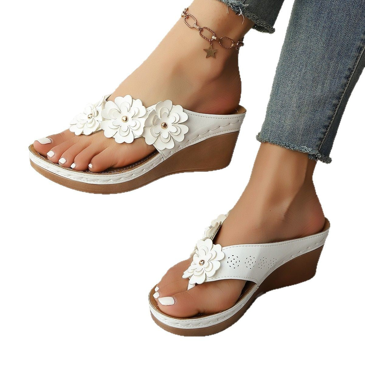 Floral Stitching Wedge Sandals