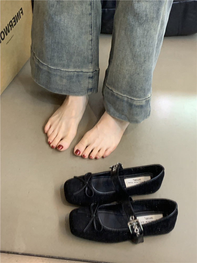 Flat Bow Ballet Silver Belt Buckle Shoes