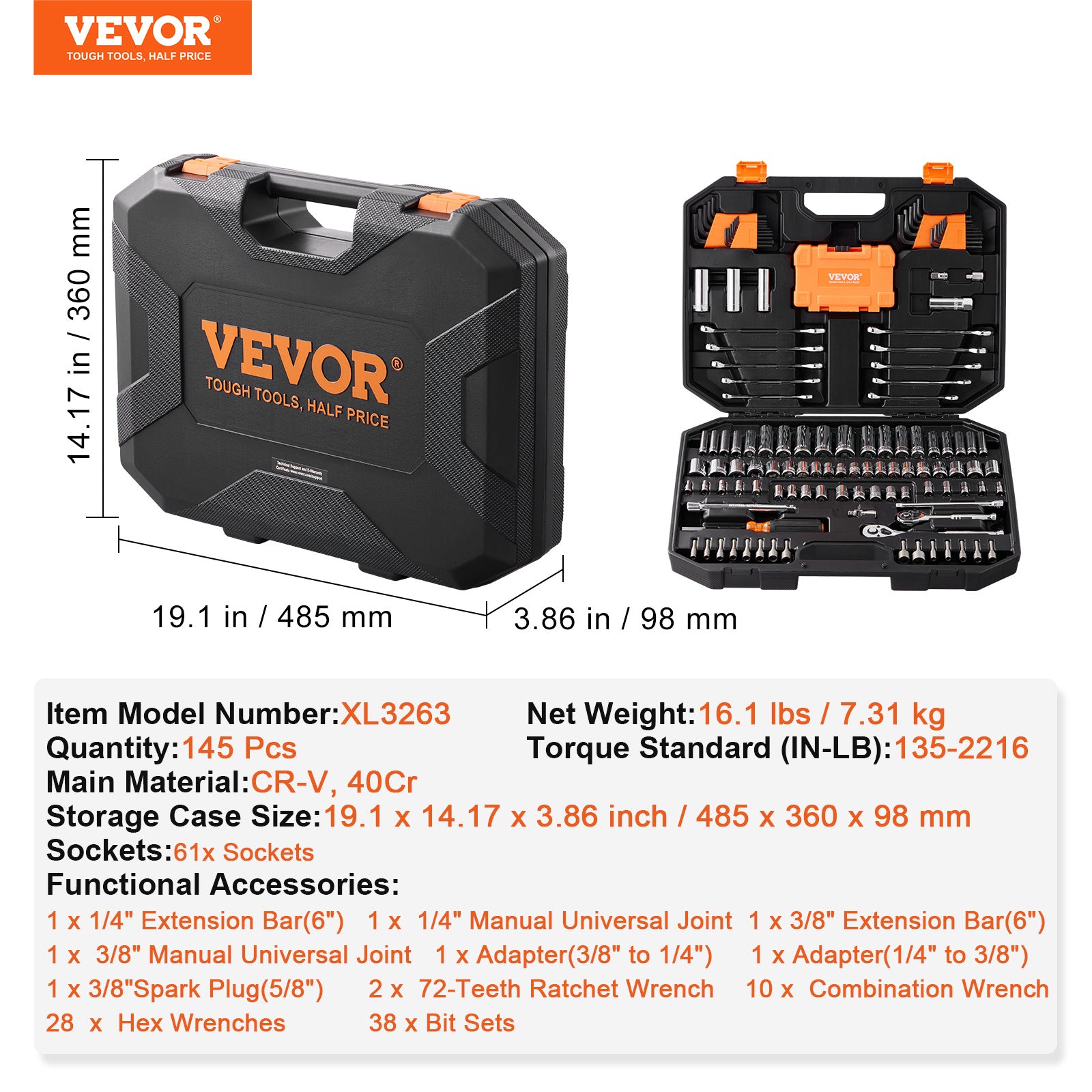 VEVOR 145-Piece Mechanics Tool & Socket Set