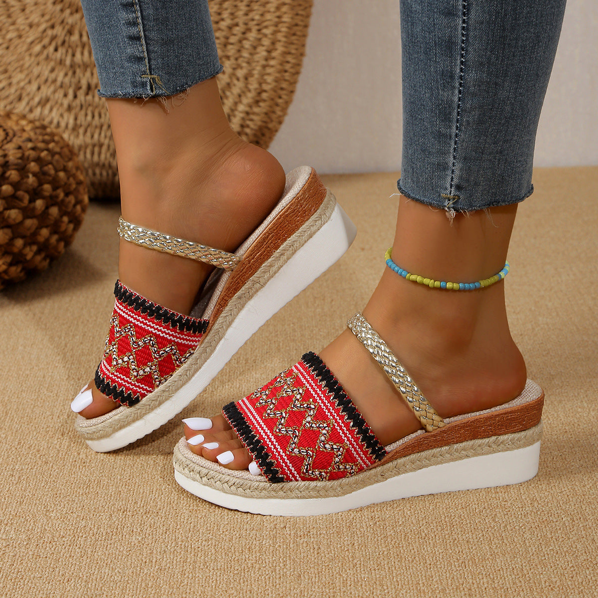 Colorblock Wave Pattern Ethnic Wedge Sandals