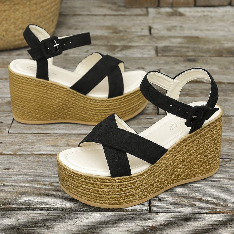 Cross-Strap Wedge Hemp Heel Sandals