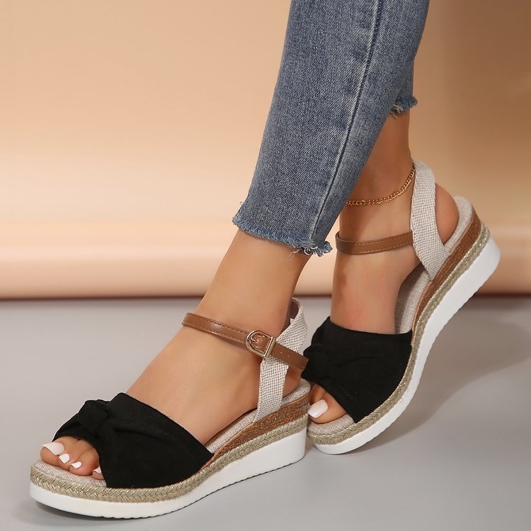 Thick-Soled Bow Linen Wedge Sandals
