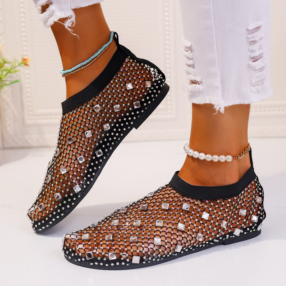 Colorful Rhinestone Mesh Flat Sandals
