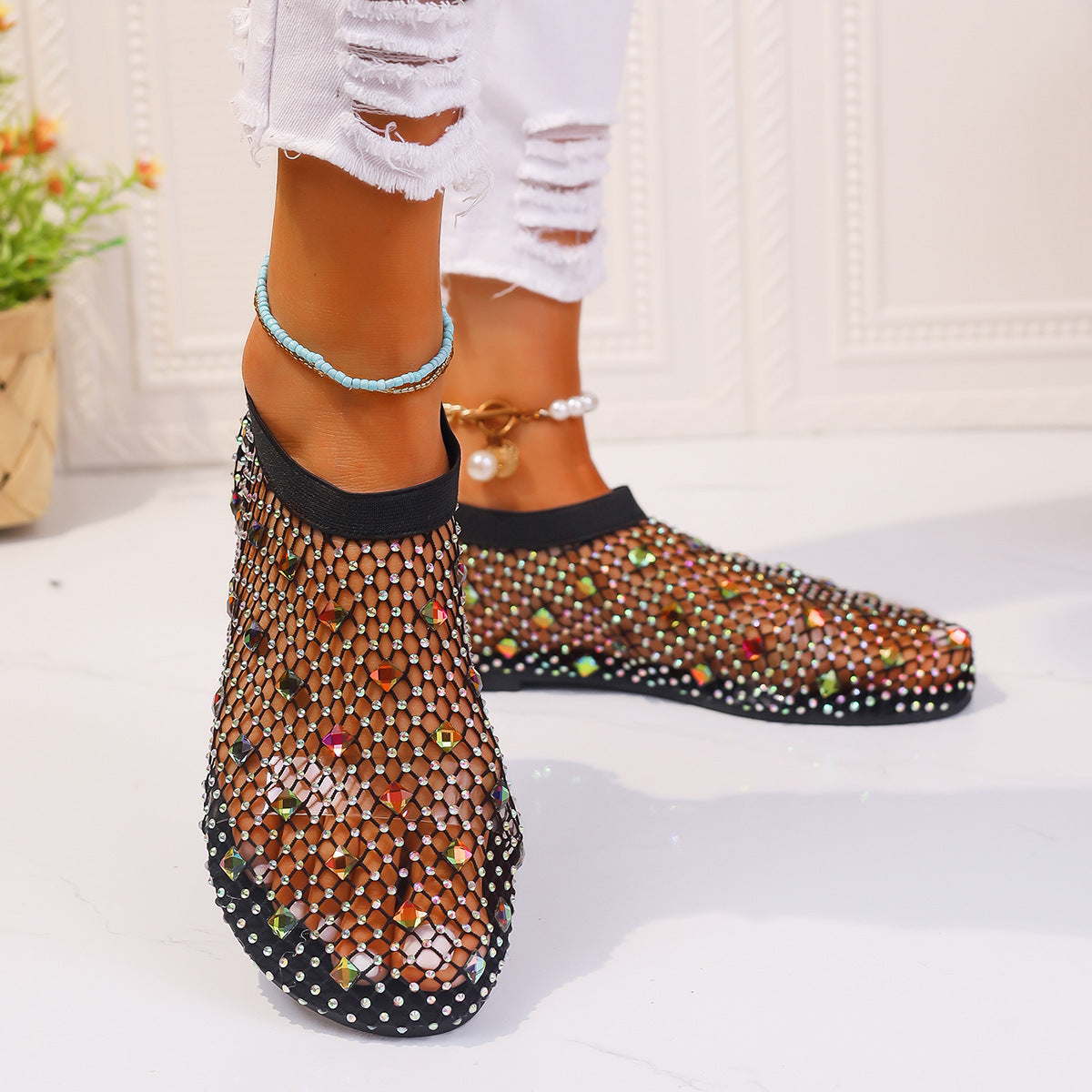Colorful Rhinestone Mesh Flat Sandals